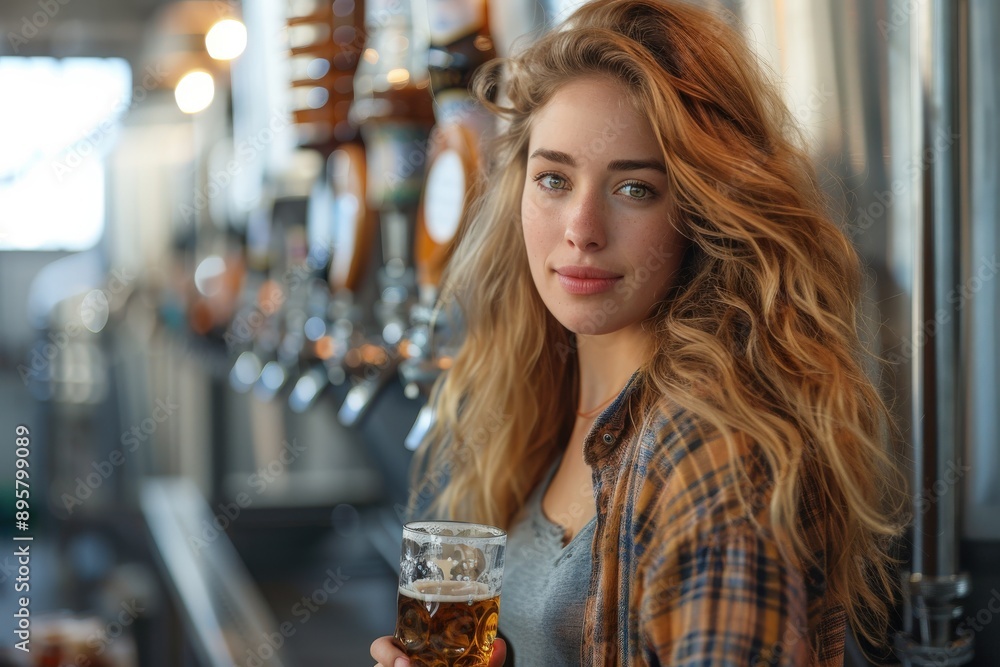 A woman with long hair in a plaid shirt holding a glass of beer, enjoying her time in a modern brewery with an array of beer taps in the background. A woman with long hair in a plaid shirt holding a glass of beer, enjoying her time in a modern brewery with an array of beer taps in the background.
