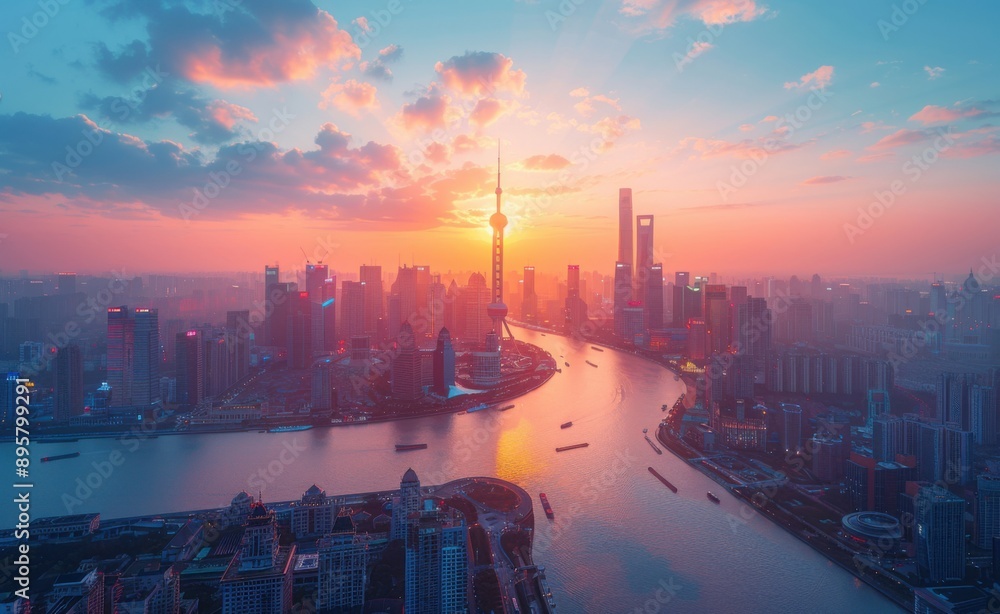 Fototapeta premium Sunrise over Shanghai Skyline