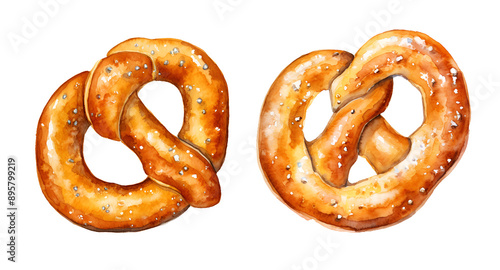 Pretzel with salt on it, watercolor clipart illustration with isolated background.