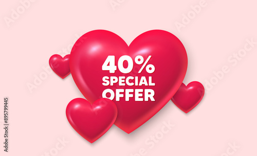 3d hearts love banner. 40 percent discount offer tag. Sale price promo sign. Special offer symbol. Discount message. Banner with 3d heart icon. Love Valentin template. Vector