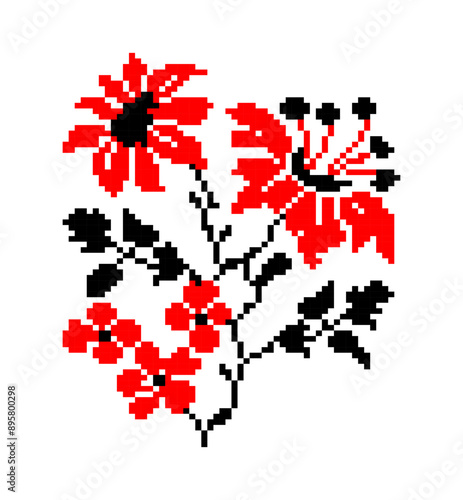 Ethnic ornament of Ukraine. Red and black flowers. Embroidered pattern on a transparent background. Pixel art. Vector illustration.