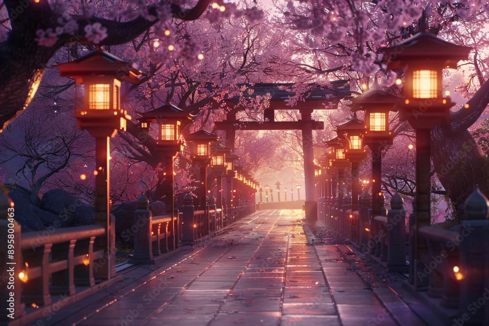 Fototapeta premium Serene Path with Glowing Lanterns Leading to Temple Gate Surrounded by Cherry Blossom Trees and Evening Glow
