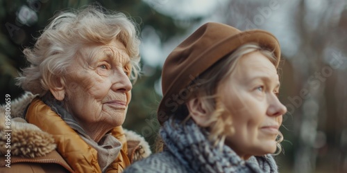 Two elderly women standing side by side, possibly friends or family members photo