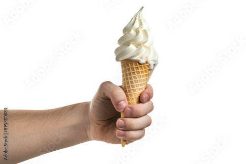 A hand, captured in crisp detail, holds a soft serve ice cream cone aloft. The white background emphasizes the creamy ice cream and crisp waffle cone. photo