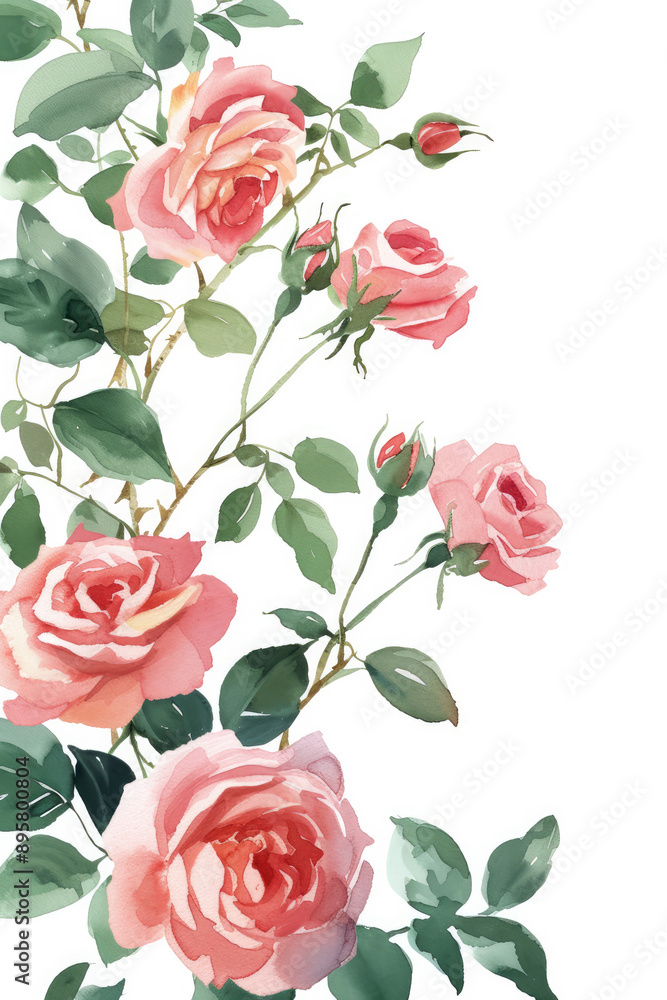 Roses and leaves, watercolor flowers isolated on white background, wedding invitaiton card design Roses and leaves, watercolor flowers isolated on white background, wedding invitaiton card design