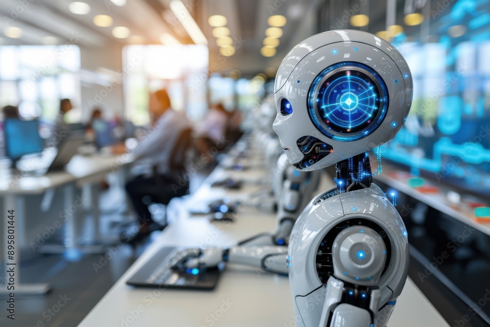 A photograph of a futuristic office, humanoid robots working at desks, sleek and modern design, bright white lighting, glass walls in the background. A photograph of a futuristic office, humanoid robots working at desks, sleek and modern design, bright white lighting, glass walls in the background.