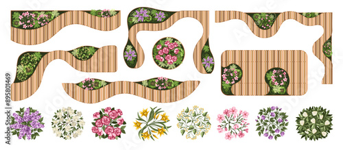 Trees and benches for architectural floor plans. Entourage design. Elements for the landscape design plan. Various floral trees, bushes, and shrubs. Vector illustration.