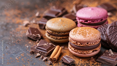 Macarons and Chocolate Focus on colorful macarons with pieces of chocolate, with a rich and decadent 