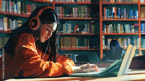 Girl student in wireless headphones working on graduation project and creative essay in modern library listening to audio lessons taking notes preparing for higher education admission photo