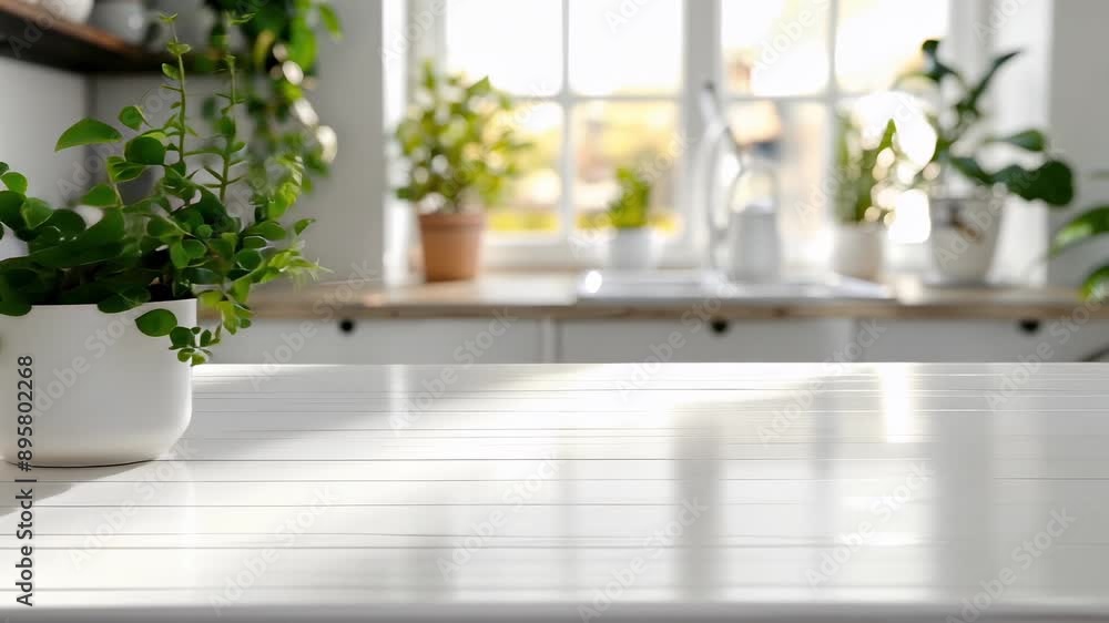 White tabletop on blurred kitchen counter background, for product demo montage or key visual mockup design, template White tabletop on blurred kitchen counter background, for product demo montage or key visual mockup design, template