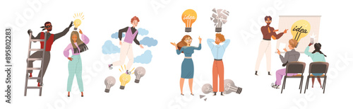 People Character with Light Bulb Having Idea Vector Illustration Set