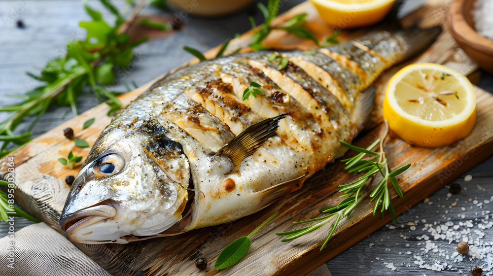 Slate plate featuring beautifully presented grilled fish and slices of fresh lemon. Slate plate featuring beautifully presented grilled fish and slices of fresh lemon.