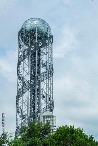 The Alphabetic Tower is a 130 meter high structure in Batumi, Georgia. The tower symbolizes the uniqueness of the Georgian alphabet and people. photo