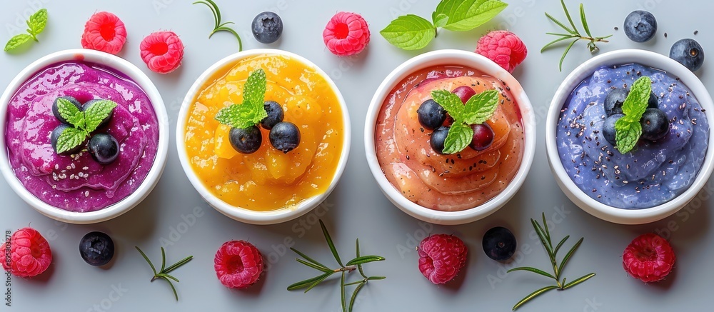 Four Smoothies with Fresh Berries and Mint Four Smoothies with Fresh Berries and Mint