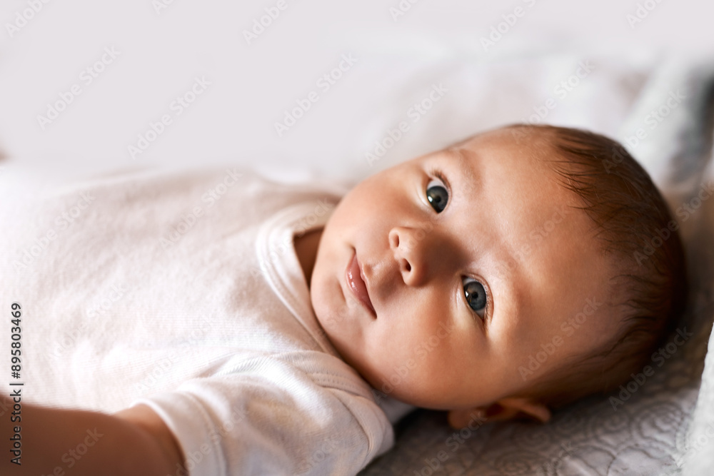 Home, nursery room and baby relaxing, awake and resting for health development with comfort. Cute, sweet boy newborn or infant on bed with calm, curiosity and growth for early childhood at house. Home, nursery room and baby relaxing, awake and resting for health development with comfort. Cute, sweet boy newborn or infant on bed with calm, curiosity and growth for early childhood at house.