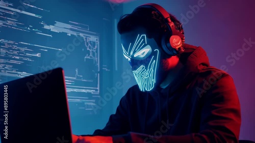 Hacker in a neon mask. Cyber criminal with laptop. Cyber crime, hacker activity, digital system security, cyber attack threat, malware virus alert concept, fraud money, ddos attack.