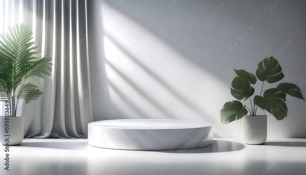 White marble podium set in an aesthetic room interior with white curtains behind with open windows and sunlight. there are several vases containing plants. Wallpapers, Templates White marble podium set in an aesthetic room interior with white curtains behind with open windows and sunlight. there are several vases containing plants. Wallpapers, Templates