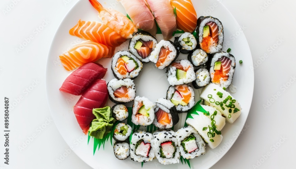 A plate of assorted sushi rolls with tuna, salmon and yellowtail on an isolated white background, A plate of assorted sushi rolls with tuna, salmon and yellowtail on an isolated white background,