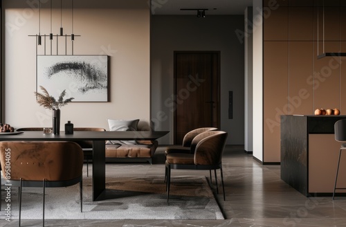 Interior of modern dining room with brown and black walls, concrete floor, round wooden table with brown armchairs and coffee table. Mock up poster. photo