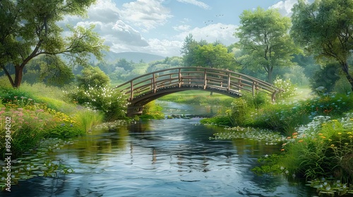 Peaceful countryside river scene with lush greenery, wildflowers, and a wooden bridge, Peaceful countryside river scene, rural charm
