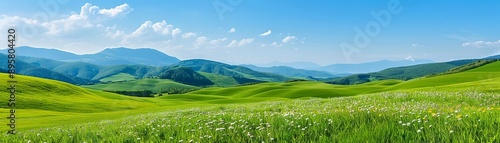 Rolling green hills with wildflowers, blue skies, and distant mountains, Rolling green hills scenery, countryside tranquility