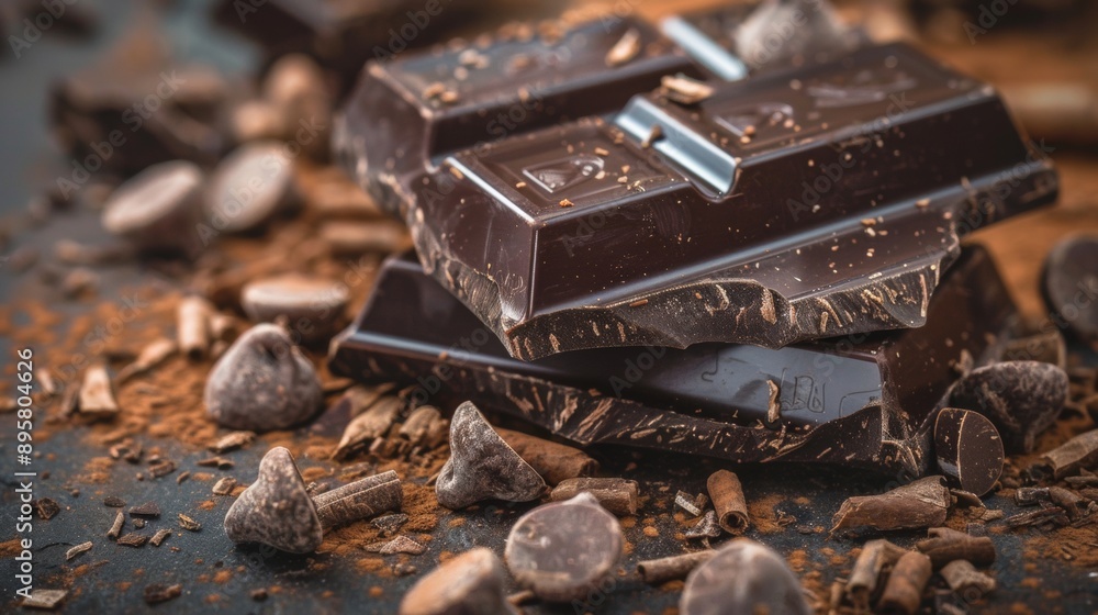 Close-up of dark chocolate bars and pieces Close-up of dark chocolate bars and pieces