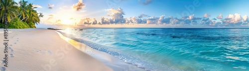 Tropical beach paradise at sunset with white sand, turquoise water, and a vibrant sky, Tropical beach paradise sunset, island serenity