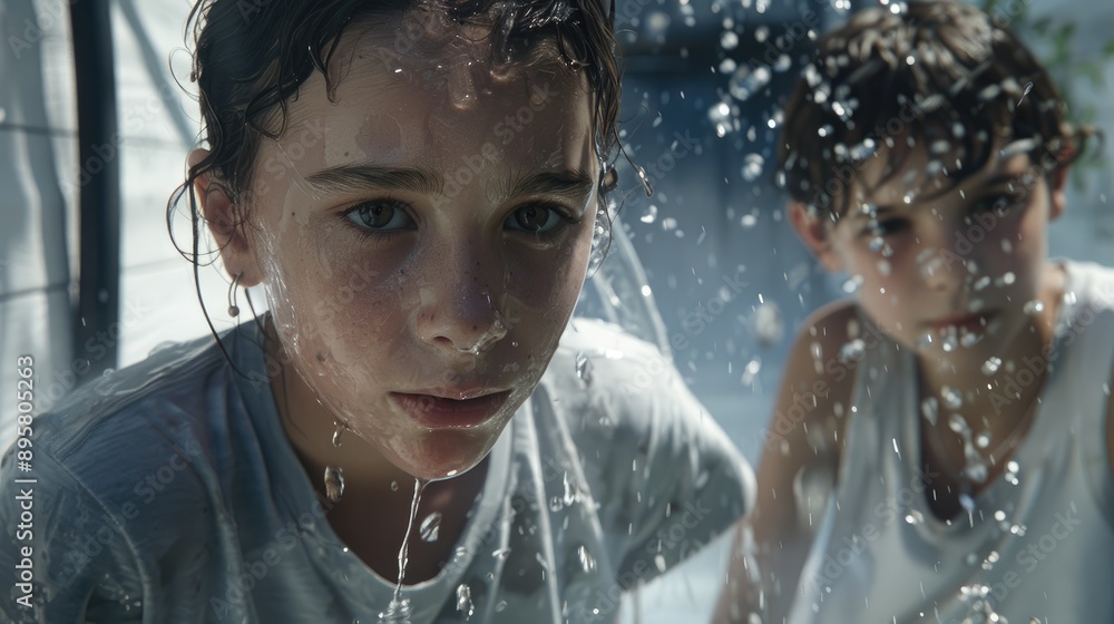Scandinavian preteen with dark hair wearing earrings grey t shirt cooling off with water hose along with friend in white t shirt Scandinavian preteen with dark hair wearing earrings grey t shirt cooling off with water hose along with friend in white t shirt