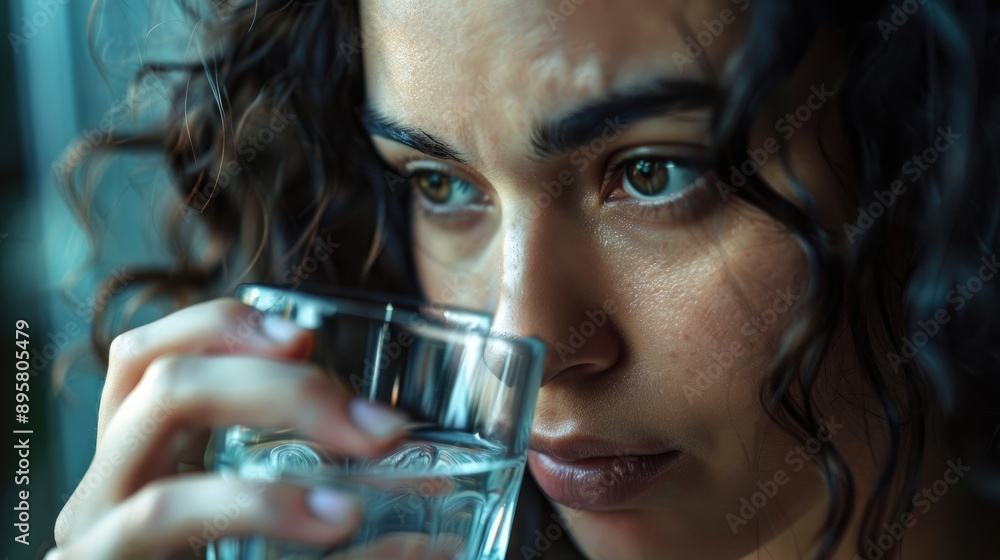 Close up of a woman with a glass of water battling stress and headaches with antidepressants Close up of a woman with a glass of water battling stress and headaches with antidepressants