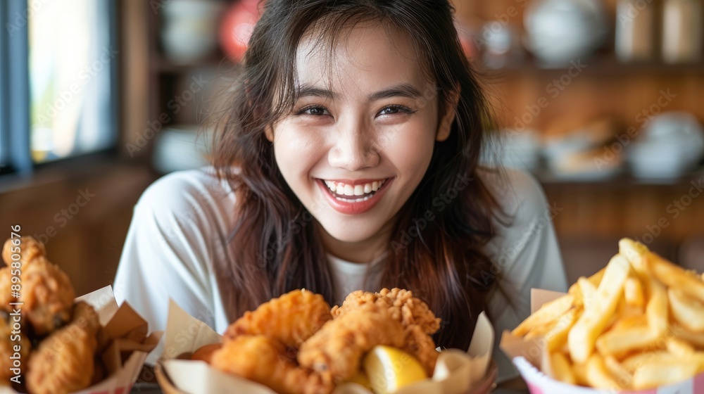 Happy Asian woman enjoys fried chicken fries and potato snacks Happy Asian woman enjoys fried chicken fries and potato snacks
