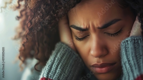 Close up of a thoughtful young woman indoors hugging her head in distress while facing the emotional aftermath of a relationship breakup divorce or financial strain