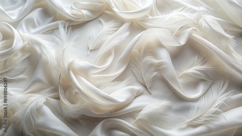 Ethereal silky white feathers create a soft delicate background, gently flowing chiffon wave adds elegant subtle texture. Ethereal silky white feathers create a soft delicate background, gently flowing chiffon wave adds elegant subtle texture.