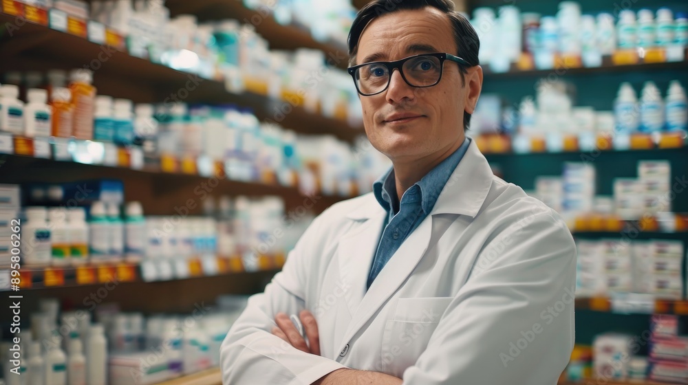 Professional pharmacist standing confidently in a pharmacy Professional pharmacist standing confidently in a pharmacy