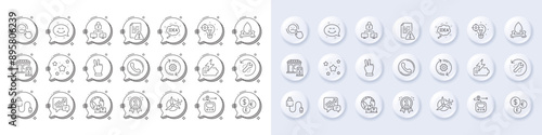Water splash, Call center and Money currency line icons. White pin 3d buttons, chat bubbles icons. Pack of Battery, Recovery tool, Instruction manual icon. Vector