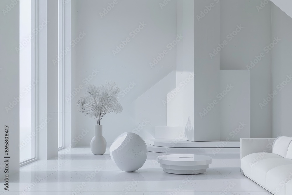 A bright and open minimalistic living room interior featuring clean white decor with simple furniture, a white vase with plant, and abundant natural light pouring in. A bright and open minimalistic living room interior featuring clean white decor with simple furniture, a white vase with plant, and abundant natural light pouring in.