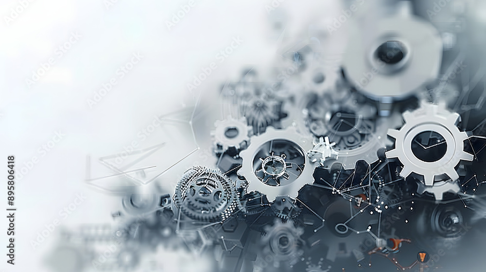 Fototapeta premium Abstract background with gears and technology elements in gray color on white background, digital tech concept