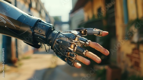 Innovative Prosthetics: A High-Resolution Image of a Person Using a Cutting-Edge Robotic Hand in an Urban Setting