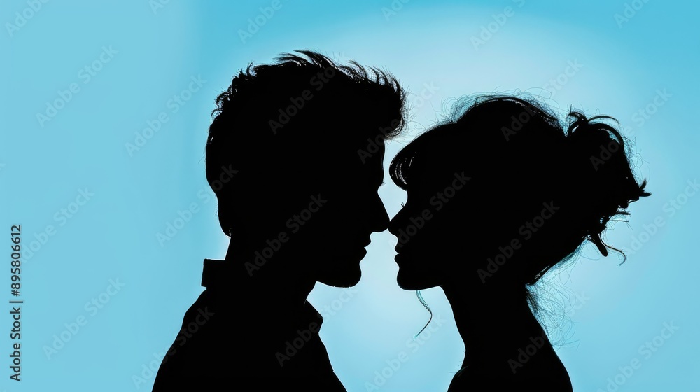Silhouettes of a male and female couple touching each other affectionately Silhouettes of a male and female couple touching each other affectionately