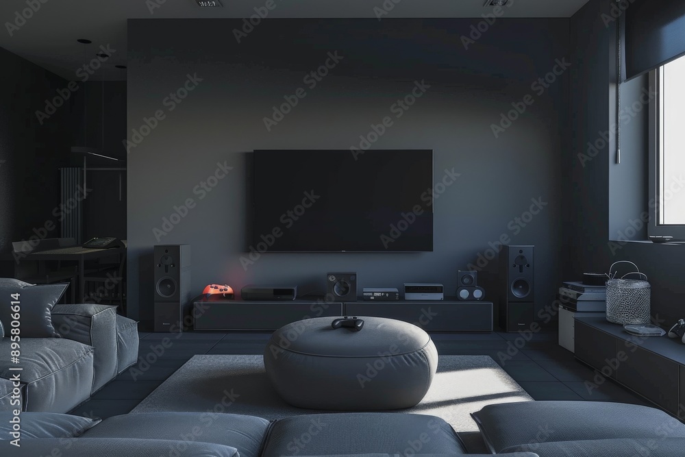 A chic and modern home theater setup, featuring a large wall-mounted screen, comfortable seating, surround sound speakers, and minimalistic design elements for ultimate relaxation. A chic and modern home theater setup, featuring a large wall-mounted screen, comfortable seating, surround sound speakers, and minimalistic design elements for ultimate relaxation.
