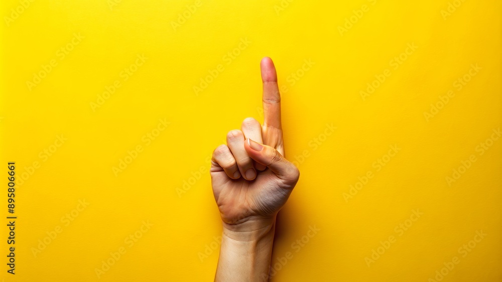 Vibrant yellow backdrop with a subtle gradient, empty space, and a lone, elegantly curved index finger gesturing upwards in confidence. Vibrant yellow backdrop with a subtle gradient, empty space, and a lone, elegantly curved index finger gesturing upwards in confidence.
