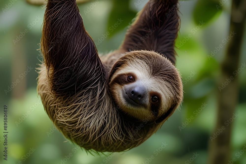 Cute sloth on beautiful green nature background, Choloepus hoffmanni, Central america costa rica Generative AI Cute sloth on beautiful green nature background, Choloepus hoffmanni, Central america costa rica Generative AI