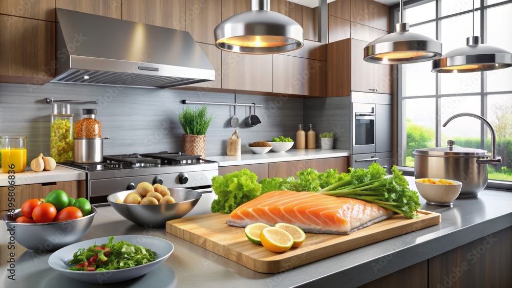 Modern kitchen setup with fresh salmon and healthy ingredients on a sleek countertop, surrounded by sleek appliances and utensils. Modern kitchen setup with fresh salmon and healthy ingredients on a sleek countertop, surrounded by sleek appliances and utensils.