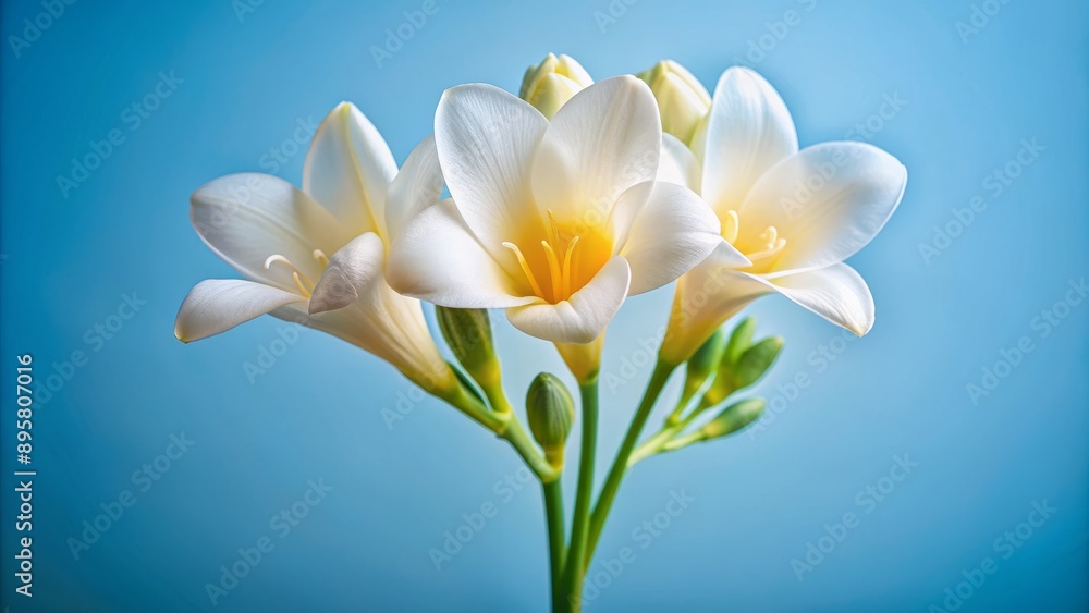 Obraz premium Delicate, creamy-white freesia blooms solo on pristine backdrop, showcasing intricate, trumpet-shaped petals and golden-yellow center in stunning isolation.