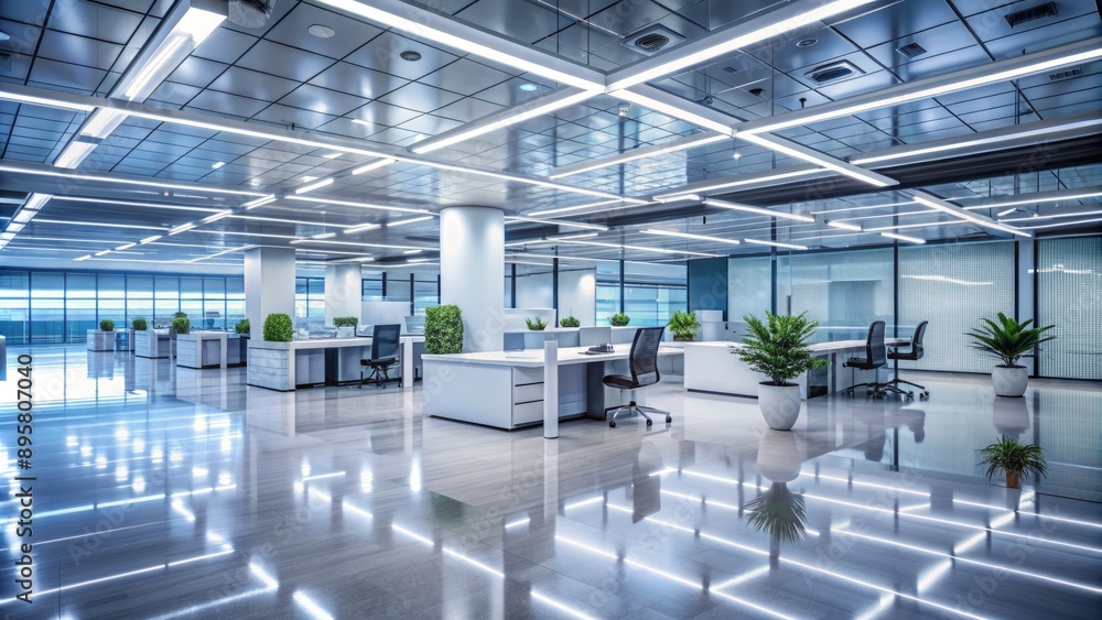 Fluorescent lights reflect off polished floor in empty modern office space with sleek workstations and blurred background of corporate architecture. Fluorescent lights reflect off polished floor in empty modern office space with sleek workstations and blurred background of corporate architecture.