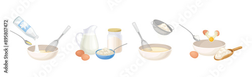 Tasty Pancake Cooking Process with Utensil Vector Set