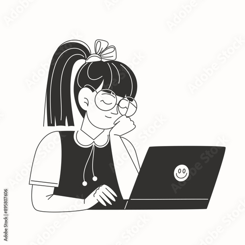 A schoolgirl fell asleep at the laptop while doing her homework in black and white illustration