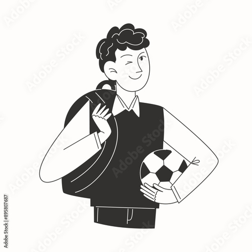 A schoolboy in a school uniform, a backpack and a soccer ball in black and white illustration