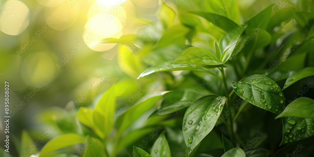 Close-up of vibrant green leaves with dewdrops, illuminated by soft sunlight, showcasing the beauty of nature. Close-up of vibrant green leaves with dewdrops, illuminated by soft sunlight, showcasing the beauty of nature.