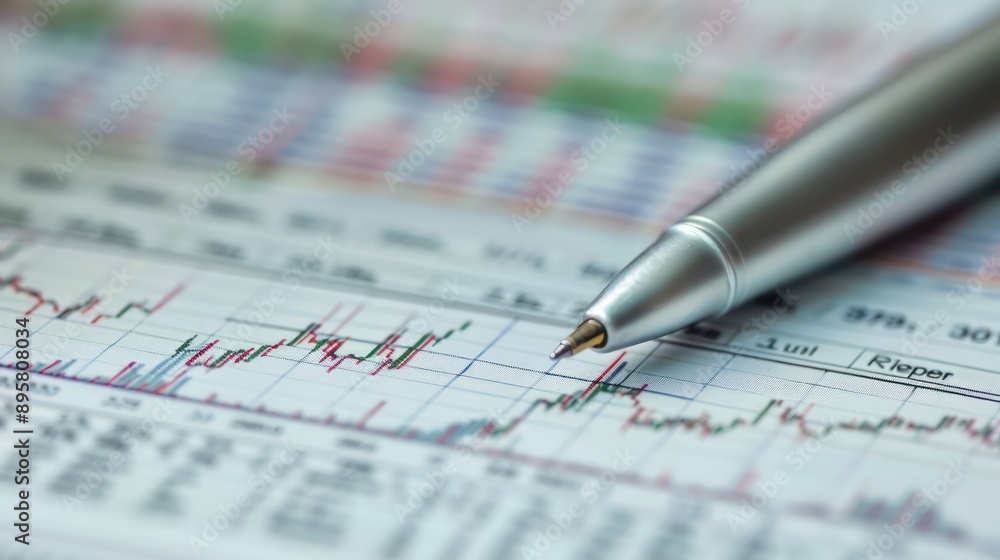 minimalist, high-resolution image of a silver pen on a set of fresh, detailed stock market reports, emphasizing clarity and precision minimalist, high-resolution image of a silver pen on a set of fresh, detailed stock market reports, emphasizing clarity and precision