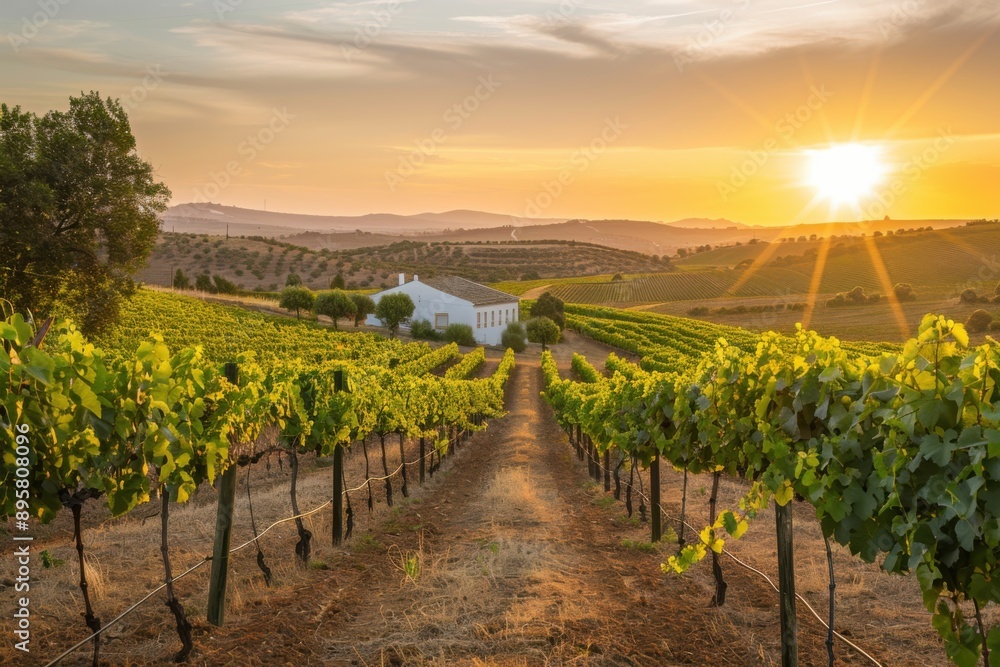 Fototapeta premium Vineyard in Alentejo at Sunset: Country Landscape with Vines in August